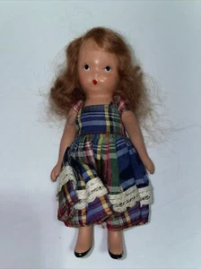 Vintage Redhead all Bisque Nancy Ann Doll taffeta plaid Dress 5” Doll - Picture 1 of 10