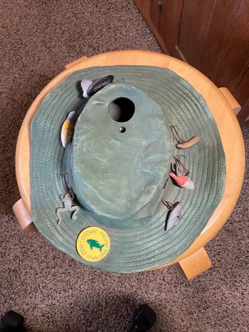 Ceramic Fishing Hat Bird House.  3” x 11” x 12” Cover
