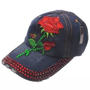 Hat Red Rose Bling Bedazzled Blue Denim Distressed Baseball Adjustable Embroider - Picture 1 of 5