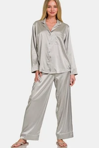 Zenana Satin Long Sleeve Shirt and Pants Pajama Set - Picture 1 of 3