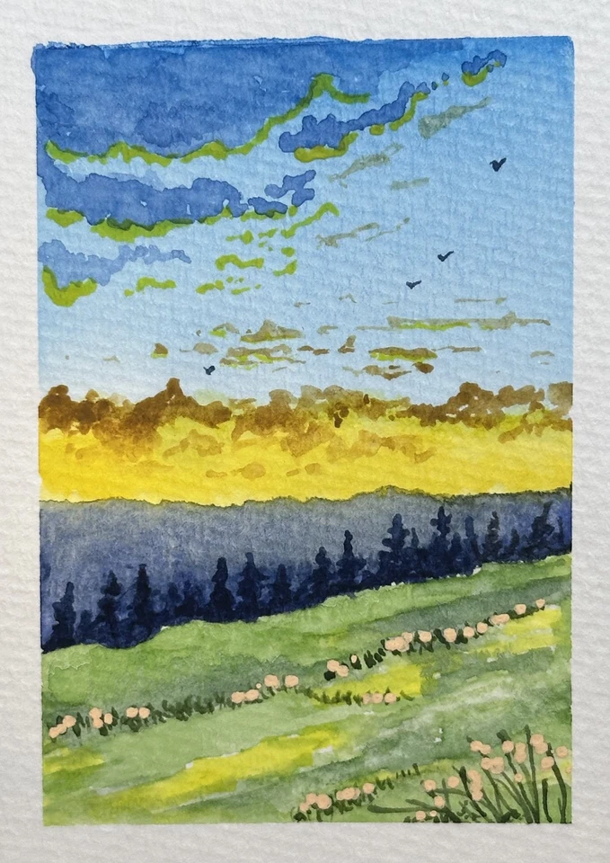 ACEO Original Mountain Sunset Landscape Watercolor Mini Painting by BGauthier - Image 1 of 1