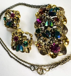 VTG Austria Set AB Crystals Striking Colors Earrings Necklace Gorgeous - Picture 1 of 10