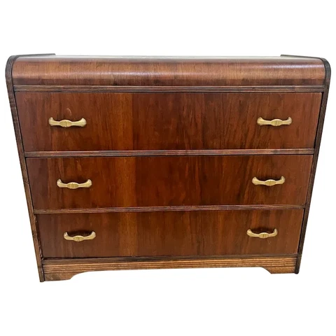 Gorgeous Art Deco Dresser Waterfall top Three drawers Console Chest Brass Pulls Cover