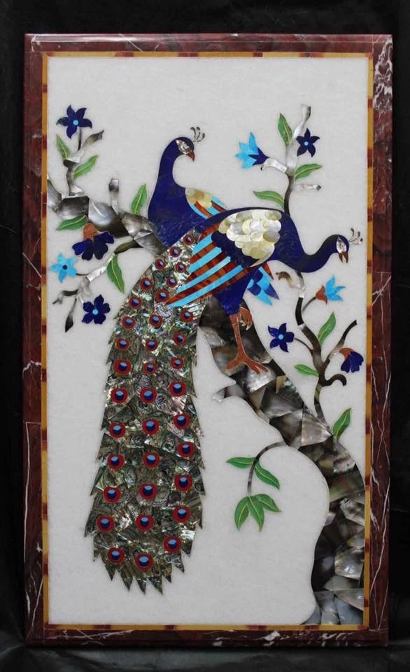 36" x 20" White Marble Table Top Inlay Semi Precious Stones Work - Image 1 of 1