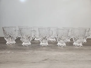 Vintage Clear Cut Footed Floral Glass Mugs Set of 10 - Picture 1 of 6