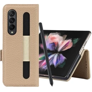 Samsung Galaxy Z Fold 3 Leather Wallet Case Flip Cover Pen Holder Card Slot Grey - Picture 1 of 7