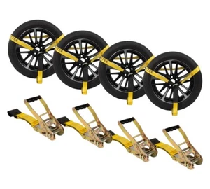 (4 Pack) 2"x10' Side Mount Wheel Net Tie Down w/Ratchet Lasso Straps & Flat Hook - Picture 1 of 12