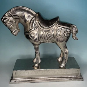 Polished Aluminum Chinese War Horse Figure Sculpture Statue On Large Base - Picture 1 of 5