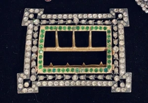 ANTIQUE French Silver Paste Buckle GREEN Clear Stones EXCELLENT - Picture 1 of 9