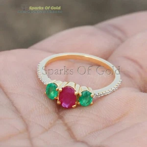 Natural Emerald, Ruby 0.084 Ct Diamond Ring Solid 14k Yellow Minimalist Jewelry - Picture 1 of 3