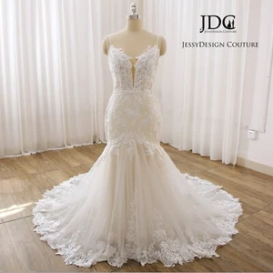 Luxurious Bridal Gown Lace Wedding Dress Mermaid Custom made Ivory Squins 2-28w - Picture 1 of 19