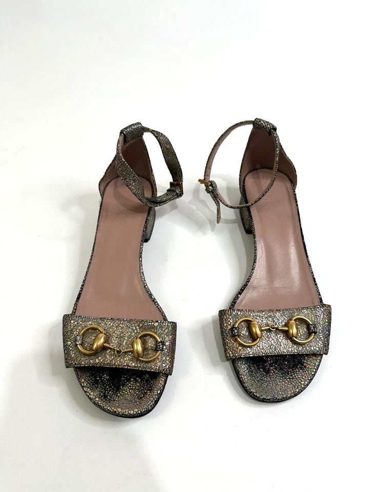 Gucci Multicolor Textured Leather Liliane Horsebit Ankle Cuff Flat Sandals SZ 35 - Image 1 of 4