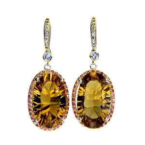925 Sterling Silver Earrings Oval Citrine 21x12mm Sapphire Gemstone Handmade - Picture 1 of 13