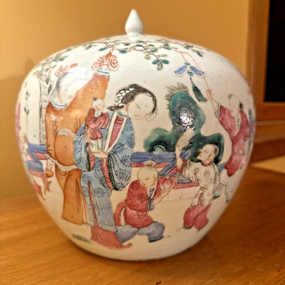 Antiguo tarro de jengibre de porcelana erudito con tapa rosa familia china del siglo XIX 9 1/2"" Foto 1 de 4