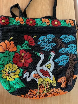 Vtg 70s Candy Beaded Cranes Purse Large Shopping Bag Handbag Tote Hong Kong - Image 1 of 4