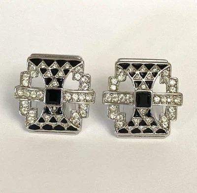 Brincos vintage Givenchy estilo Art Deco tom prata esmalte preto cristal pierce - Imagem 1 de 4