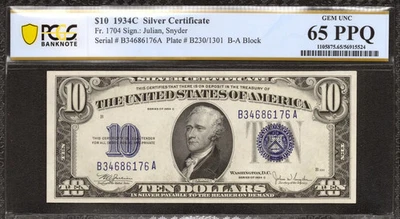 1934 C $10 SILVER CERTIFICATE FR.1704 B-A BLOCK PCGS GEM UNC 65 PPQ (176A) - Image 1 of 2