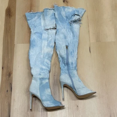 Женщин над колена ботинки 8,5 высоты с открытым носком Stiletto джинсовой ткани ноги WAGS туфли ночной клуб  - Изображение 1 из 4