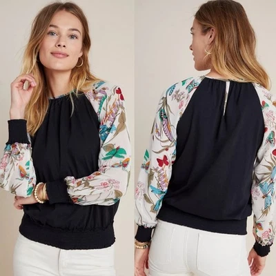 Anthropologie Tiny Dawn Smocked Butterfly Print Top XS Black Sheer Sleeves Boho - Image 1 of 4
