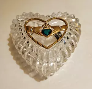 Killarney Crystal Heart Shaped Claddagh Trinket Box Made In Ireland 4" x 4" - Picture 1 of 10