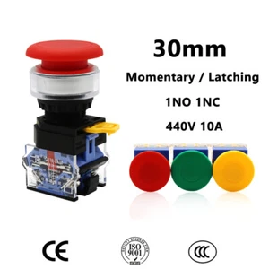 30mm Emergency Stop Pushbutton Switch ON OFF Momentary Latching Red Green Yellow - Picture 1 of 10