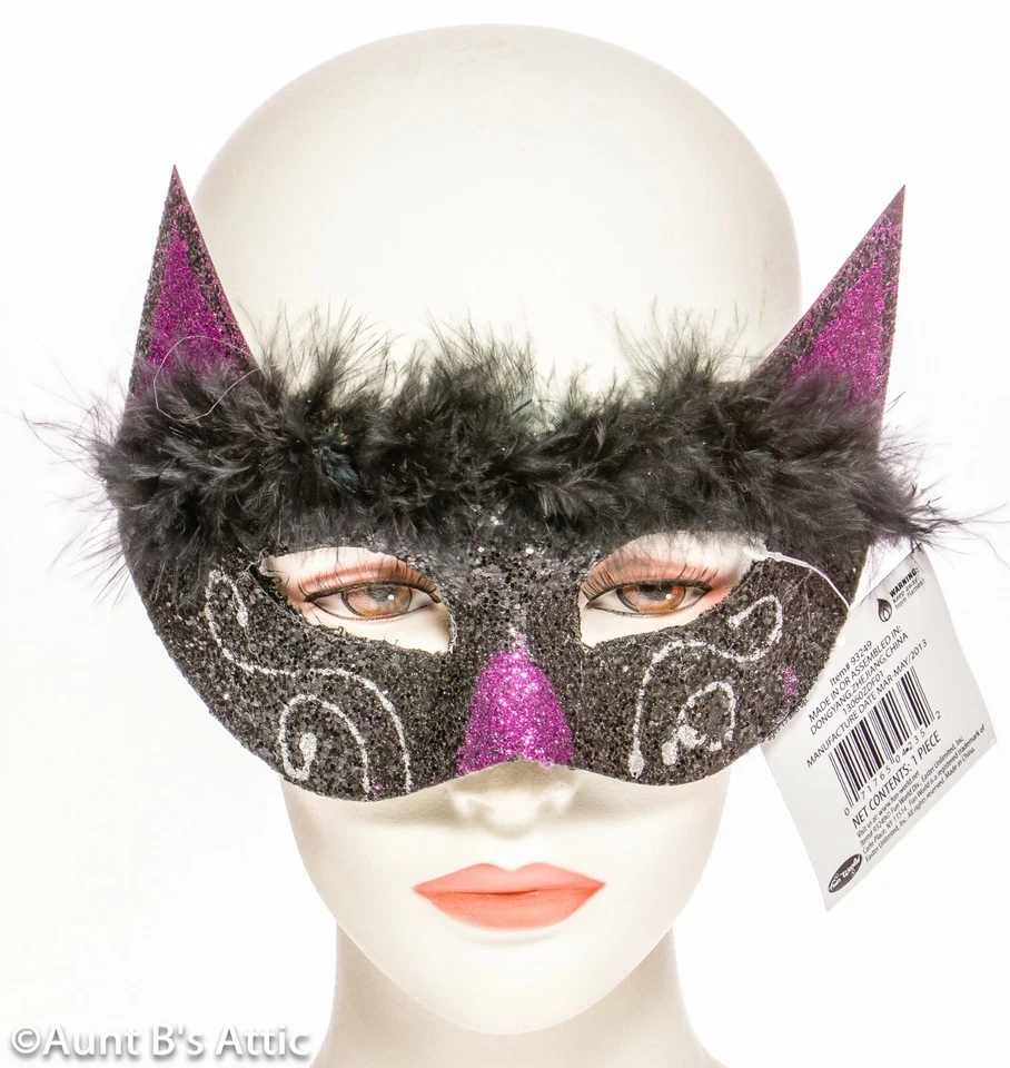 Mardi Grad Mask Blk/Purp Glitter & Marabou Fancy Kitty Cat Eye Mask - Image 1 of 1
