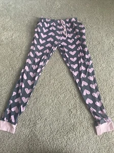 Kids M Gray Straight Leg Pink Heart Print Pajama Pants Girls Drawstring - Picture 1 of 4