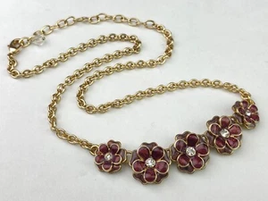 NAPIER Vintage Gold Tone Necklace Red Enamel Flowers 19" - Picture 1 of 9