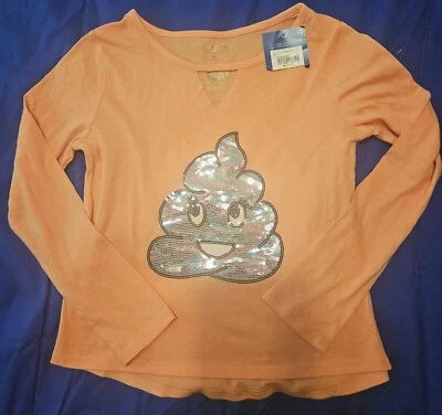 Girls Arizona M 10/12  Orange & Pink Sequins Poop Emoji shirt Top Long Sleeve  - Image 1 of 3
