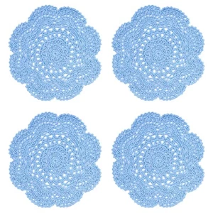 8 Inch Doilies Crochet Round Lace Blue Handmade Cotton Coasters, Pack Of 4 - Picture 1 of 7