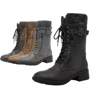 Womens Winter Combat Boots Lace Up Mid Calf Warm Fur Lined Boots - Picture 1 of 6