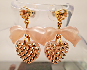 Tarina Tarantino beige dollskin sparkle heart crystal bow Lucite dangle earrings