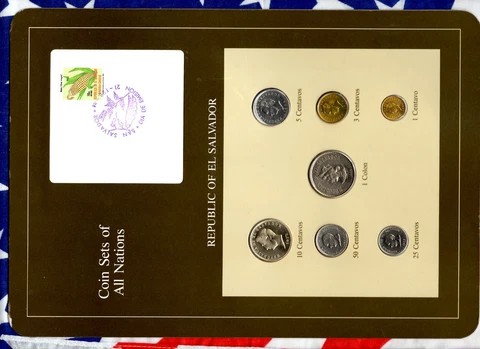 Coin Sets of All Nations El Salvador w/card 1974-1984 UNC 3 cent 1974 3 @ 1977 Cover