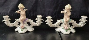 Antiguo Candelabro Dresde Alemania Porcelana Querubín 2 Brazos Juego de 2 - Imagen 1 de 17