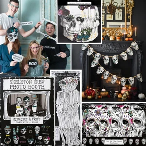 HALLOWEEN PARTY DECORATION Banner Bunting Gothic Skeleton Mask Photo Booth Props - Picture 1 of 46