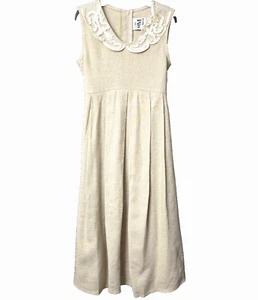 Easter My Michelle Dress 7 Linen Blend Lace Collar Bow Tie Natural Beige Modest - Picture 1 of 6