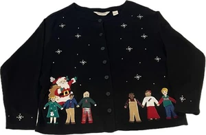 Bechamel Christmas Black Cardigan Ugly Sweater Sz 1X Children Santa Around World - Picture 1 of 15