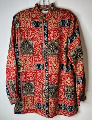 Blusa pequeña vintage Christie & Jill para mujer cuello mandarín camisa abotonada Foto 1 de 4