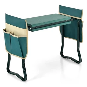 Pemberly Row Foldable Garden Stool Heavy Duty Gardening Bench w/2 Pouches Green - Picture 1 of 8