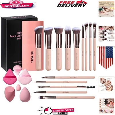 Elegante juego de brochas de maquillaje facial de 14 piezas - rosa con estuche de transporte Foto 1 de 4