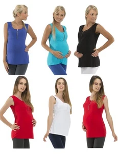 Maternity Shirt Sleeveless Top Zip Belly Stretch - Picture 1 of 7