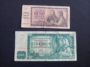 CZECHOSLOVAKIA 10 (1960) + 100 (1961) KORUN Banknotes - Circulated / Damaged - Picture 1 of 2