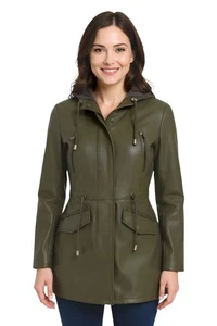 Chaqueta parka de cuero verde para mujer gabardina con capucha multibolsillo - Imagen 1 de 6
