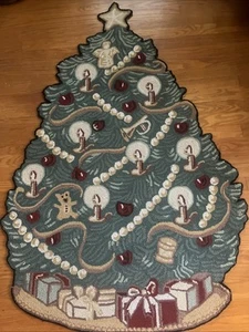 Vintage Christmas Tree Folk Art Hooked Rug 58” X 40” Holiday Antique Handmade - Foto 1 di 14