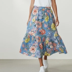 LOFT Maxirock Blumen Stufen Leinen Pull On Blau Rosa Gelb Größe M Neu mit Etikett - Bild 1 von 14