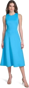 New Size 12 Calvin Klein Elegant Sleeveless Sea Blue Scuba Midi Fit &Flare Dress - Picture 1 of 9