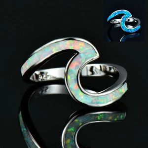 Wave Shape Fire Opal Rings Ocean Theme Women's Band Wedding Jewelry 2025 - Picture 1 of 5
