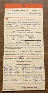 Etiqueta bebé recién nacido Manchester Memorial Hospital 1947 vintage instrucciones CT P5e - Imagen 1 de 10