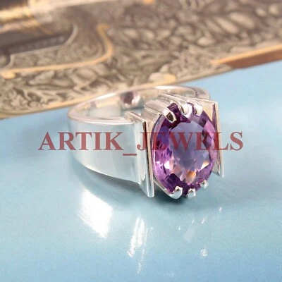 Natural Amethyst Gemstone with 14K White Gold Plated Silver Ring for Men's #2798 - Image 1 of 4
