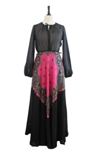 Vintage 1970s Maxi Dress Black Pink Balloon Sleeve Paisley BOHO Evening Dress 10 - Picture 1 of 7